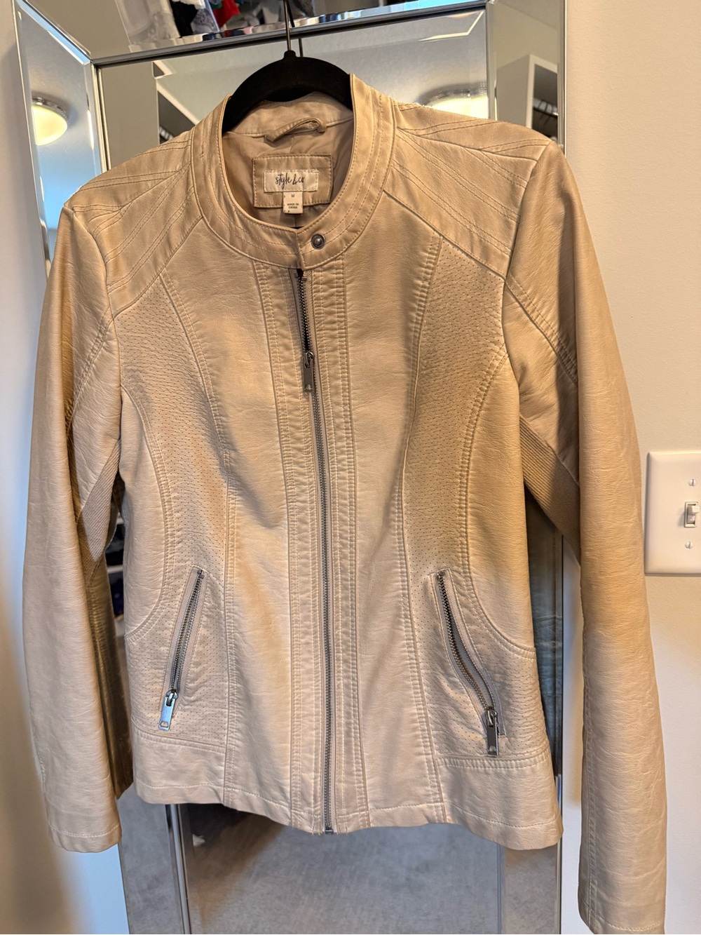 Style & Co. Women's Light Cream Leather Moto Jacket